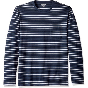 Amazon Essentials Men’s Regular-Fit Crewneck Long-Sleeve T-Shirt, Casual Cotton Jersey(Navy/Light Grey Heather Stripe)