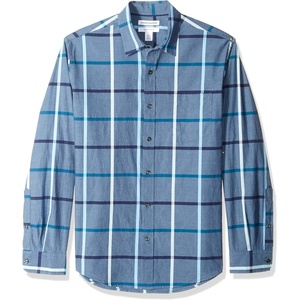 Amazon Essentials Men’s Regular-Fit Long-Sleeve Casual Poplin Shirt, Button Front, Business Casual, Collared(Denim Large Plaid)