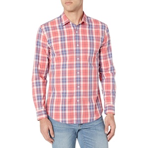 Amazon Essentials Men’s Regular-Fit Long-Sleeve Casual Poplin Shirt, Button Front, Business Casual, Collared(Washed Red Windowpane)