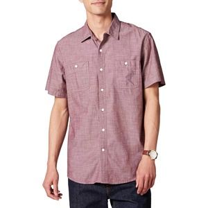 Amazon Essentials Men’s Regular-Fit Short-Sleeve Button-Down Chambray Shirt(Burgundy)
