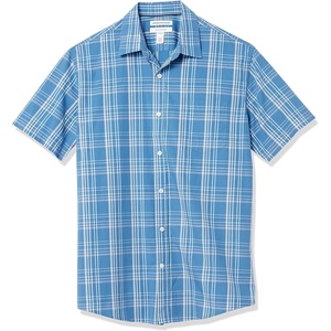 Amazon Essentials Men’s Regular-Fit Short-Sleeve Poplin Shirt, Collared, Washed(Aqua Blue  Checked)