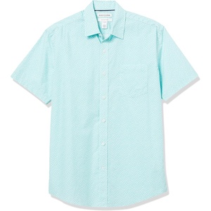 Amazon Essentials Men’s Regular-Fit Short-Sleeve Poplin Shirt, Collared, Washed(Aqua Blue  Floral/Leaf Print)