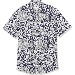 Amazon Essentials Men’s Regular-Fit Short-Sleeve Poplin Shirt, Collared, Washed(Black/White  Floral)