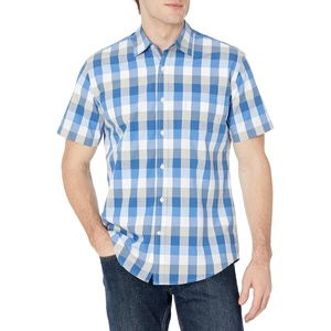 Amazon Essentials Men’s Regular-Fit Short-Sleeve Poplin Shirt, Collared, Washed(Blue/Grey)