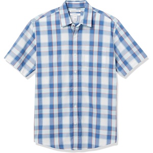 Amazon Essentials Men’s Regular-Fit Short-Sleeve Poplin Shirt, Collared, Washed(Blue/Orange  Checked)