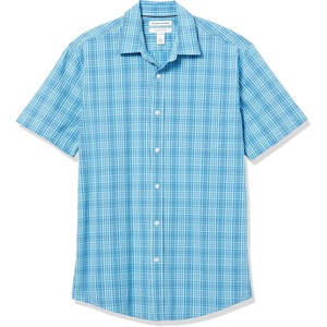 Amazon Essentials Men’s Regular-Fit Short-Sleeve Poplin Shirt, Collared, Washed(Blue/Orange  Plaid)