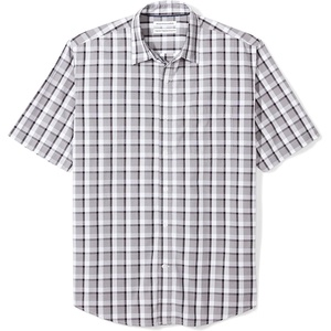 Amazon Essentials Men’s Regular-Fit Short-Sleeve Poplin Shirt, Collared, Washed(Grey/Black  Plaid)