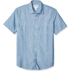 Amazon Essentials Men’s Regular-Fit Short-Sleeve Poplin Shirt, Collared, Washed(Medium Blue)
