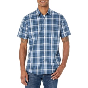 Amazon Essentials Men’s Regular-Fit Short-Sleeve Poplin Shirt, Collared, Washed(Navy  Medium Plaid)