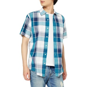 Amazon Essentials Men’s Regular-Fit Short-Sleeve Poplin Shirt, Collared, Washed(Teal Blue/Navy  Large Plaid)