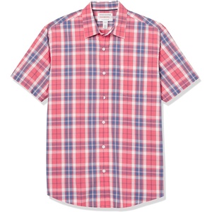 Amazon Essentials Men’s Regular-Fit Short-Sleeve Poplin Shirt, Collared, Washed(Washed Red  Windowpane)