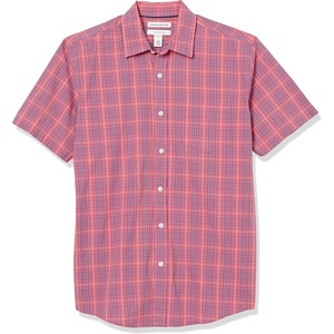 Amazon Essentials Men’s Regular-Fit Short-Sleeve Poplin Shirt, Collared, Washed(Washed Red/Blue  Plaid)