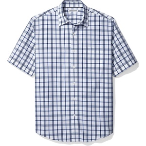 Amazon Essentials Men’s Regular-Fit Short-Sleeve Poplin Shirt, Collared, Washed(White/Blue  Plaid)