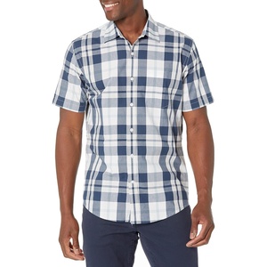 Amazon Essentials Men’s Regular-Fit Short-Sleeve Poplin Shirt, Collared, Washed(White/Navy  Large Plaid)
