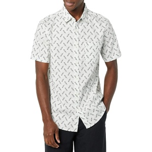 Amazon Essentials Men’s Short Sleeve Dress Shirt with Stretch, Charcoal White Vertical Stripe (Available in Big & Tall)(Light Blue  Bird Print)