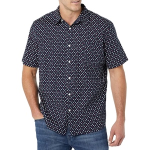 Amazon Essentials Men’s Short Sleeve Dress Shirt with Stretch, Charcoal White Vertical Stripe (Available in Big & Tall)(Navy  Micro Rose Print)