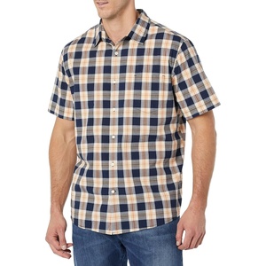 Amazon Essentials Men’s Short Sleeve Dress Shirt with Stretch, Charcoal White Vertical Stripe (Available in Big & Tall)(Navy/Gold  Plaid)