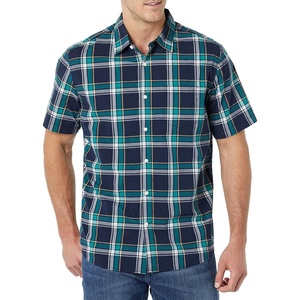 Amazon Essentials Men’s Short Sleeve Dress Shirt with Stretch, Charcoal White Vertical Stripe (Available in Big & Tall)(Navy/Green  Plaid)