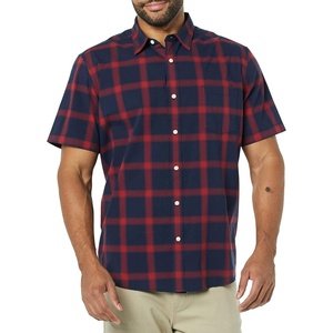 Amazon Essentials Men’s Short Sleeve Dress Shirt with Stretch, Charcoal White Vertical Stripe (Available in Big & Tall)(Navy/Red  Buffalo Plaid)