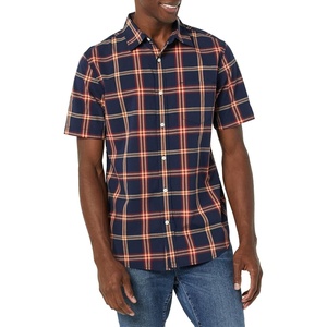 Amazon Essentials Men’s Short Sleeve Dress Shirt with Stretch, Charcoal White Vertical Stripe (Available in Big & Tall)(Navy/Red  Plaid)