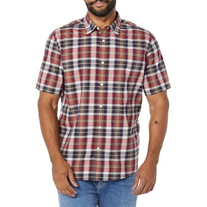 Amazon Essentials Men’s Short Sleeve Dress Shirt with Stretch, Charcoal White Vertical Stripe (Available in Big & Tall)(Red/Multicolor  Plaid)