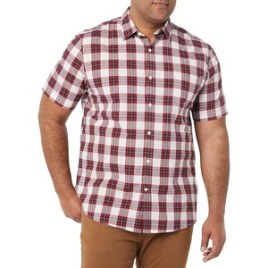 Amazon Essentials Men’s Short Sleeve Dress Shirt with Stretch, Charcoal White Vertical Stripe (Available in Big & Tall)(Red/White/Check)