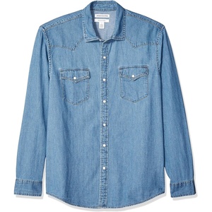Amazon Essentials Men’s Slim-Fit Long-Sleeve Denim Western Style Cotton Shirt with Snap Buttons, Lightweight(Light Blue)