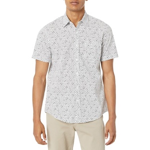 Amazon Essentials Men’s Slim-Fit Men’s Short Sleeve Collared Button Down Shirt(White/Navy Micro Geo)