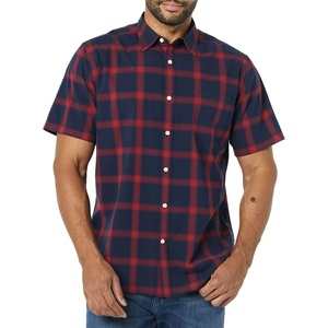 Amazon Essentials Men’s Slim-Fit Short-Sleeve Poplin Shirt(Navy Red Buffalo Plaid)