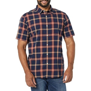 Amazon Essentials Men’s Slim-Fit Short-Sleeve Poplin Shirt(Navy Red Plaid)