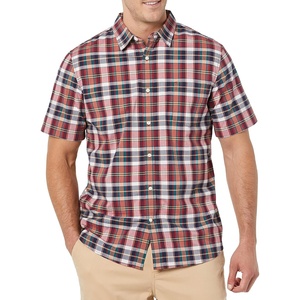 Amazon Essentials Men’s Slim-Fit Short-Sleeve Poplin Shirt(Navy Red White Plaid)
