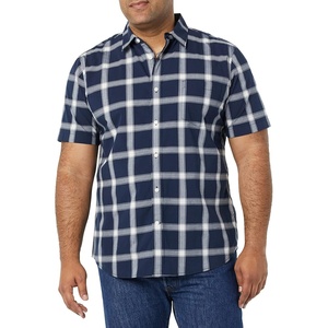 Amazon Essentials Men’s Slim-Fit Short-Sleeve Poplin Shirt(Navy White Buffalo Plaid)