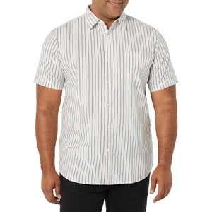 Amazon Essentials Men’s Slim-Fit Short-Sleeve Poplin Shirt(Pink Teal Blue Stripe)
