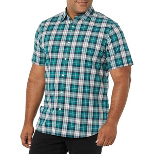 Amazon Essentials Men’s Slim-Fit Short-Sleeve Poplin Shirt(Teal Blue White Plaid)