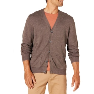 Amazon Essentials Men’s V-Neck Cotton Knitted Cardigan Sweater, Ribbed(Brown Heather)