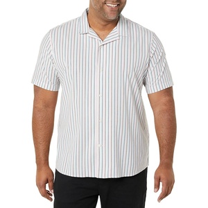 Amazon Essentials Men’s Vacation Cotton Button-Down Short Sleeve Resort Shirt(Blue Pink Vertical Stripe)