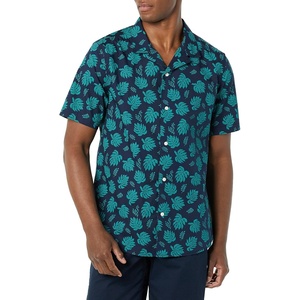 Amazon Essentials Men’s Vacation Cotton Button-Down Short Sleeve Resort Shirt(Navy Palm Leaf)