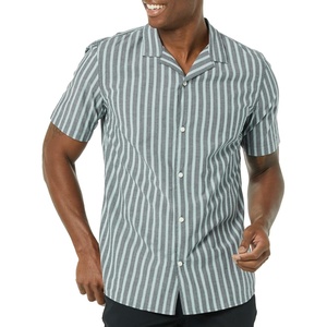 Amazon Essentials Men’s Vacation Cotton Button-Down Short Sleeve Resort Shirt(Navy Stripe)