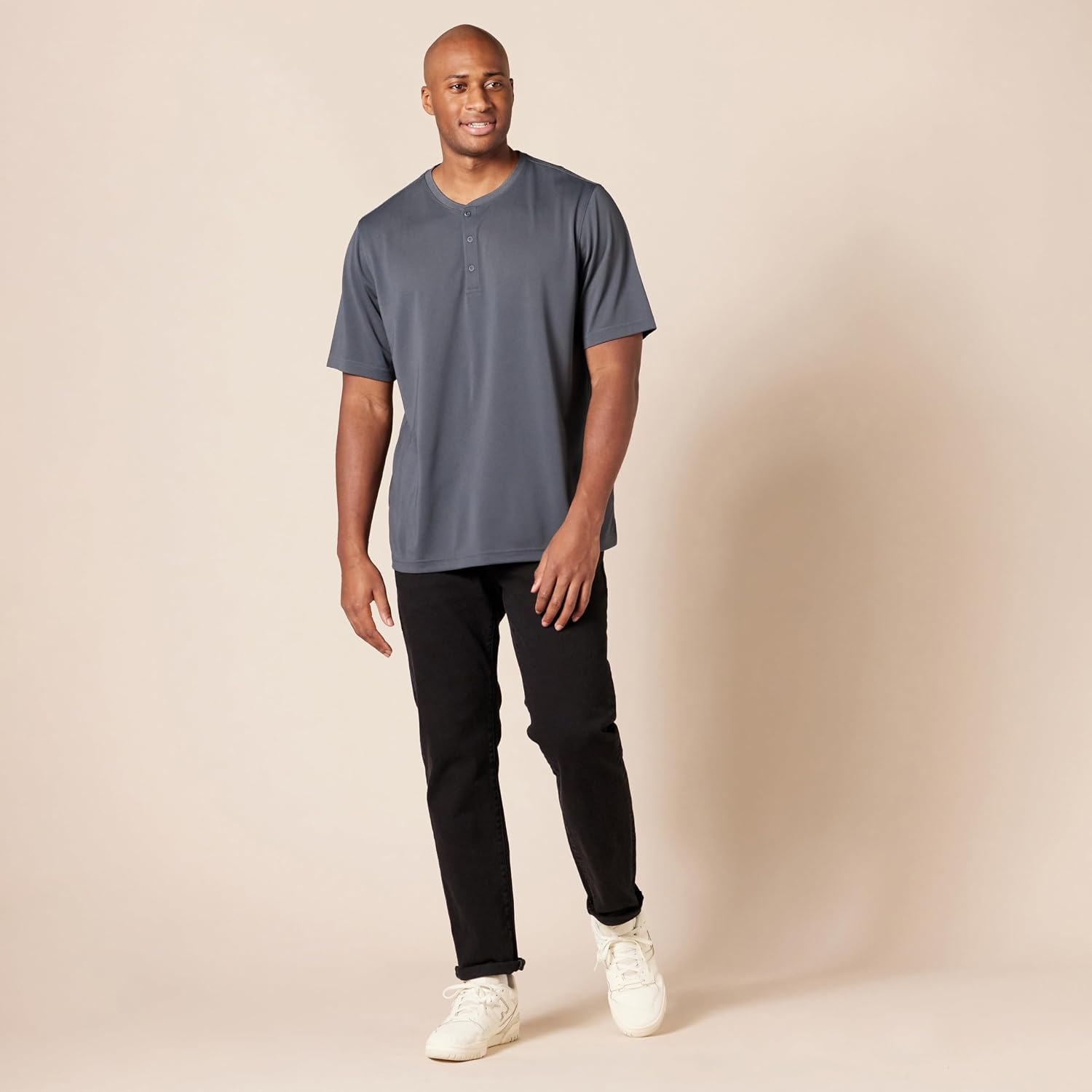 image:imageAmazon Essentials Henley Shirts for Men Short Sleeve QuickDry Jersey RegularFit 2PackBlackCharcoal