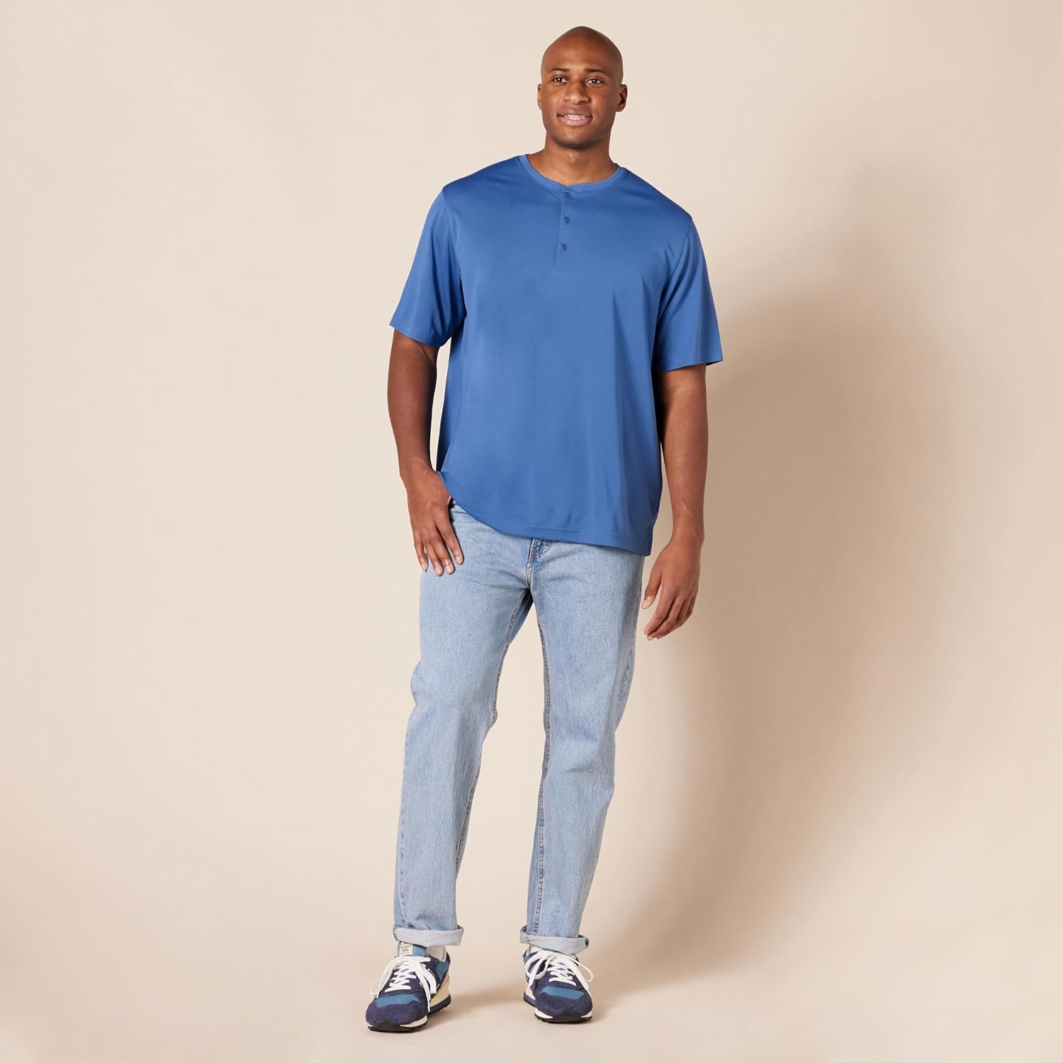 image:imageAmazon Essentials Henley Shirts for Men Short Sleeve QuickDry Jersey RegularFit 2PackBlueWhite