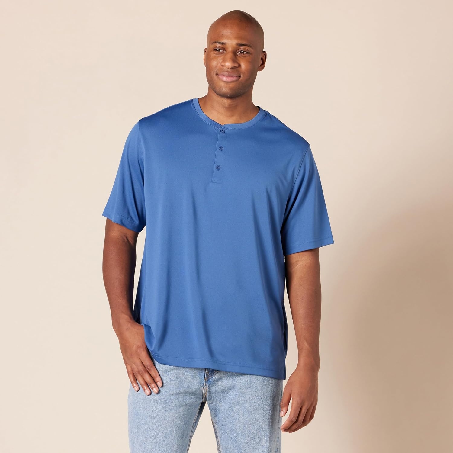 image:imageAmazon Essentials Henley Shirts for Men Short Sleeve QuickDry Jersey RegularFit 2PackBlueWhite