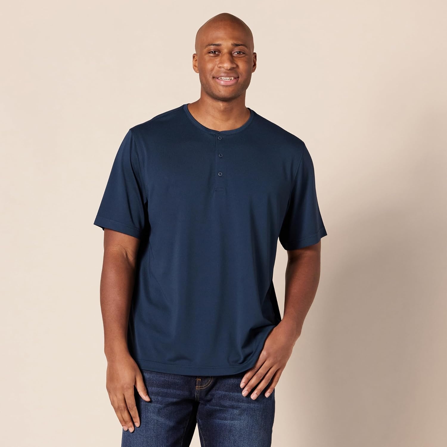 image:imageAmazon Essentials Henley Shirts for Men Short Sleeve QuickDry Jersey RegularFit 2PackDark NavyWhite