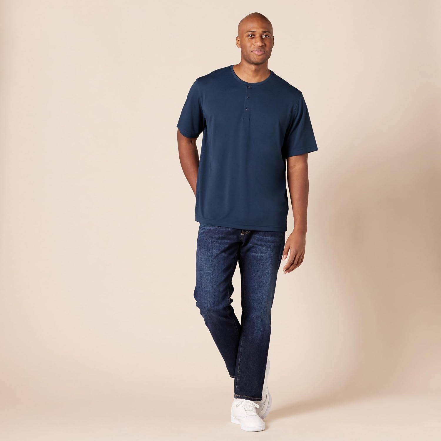 image:imageAmazon Essentials Henley Shirts for Men Short Sleeve QuickDry Jersey RegularFit 2PackDark NavyWhite