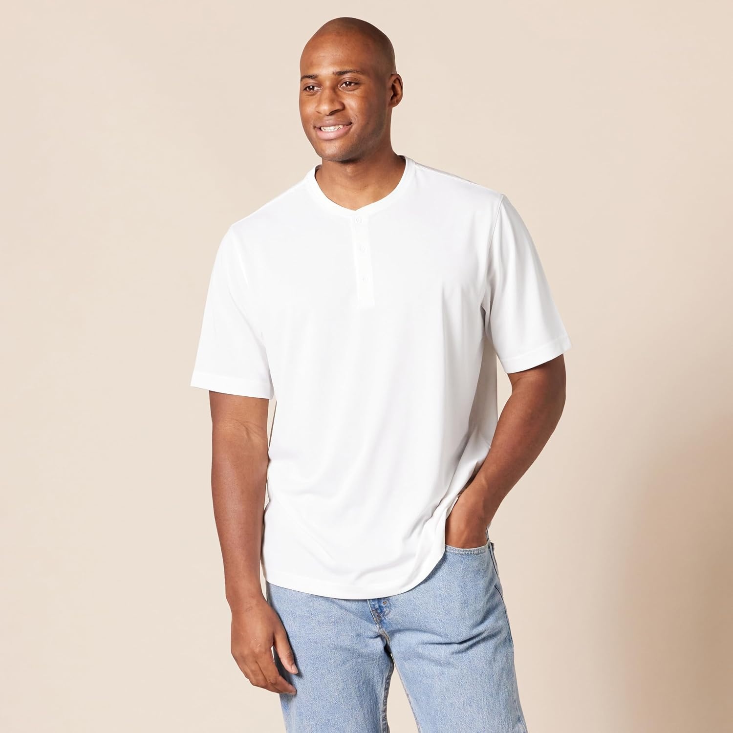image:imageAmazon Essentials Henley Shirts for Men Short Sleeve QuickDry Jersey RegularFit 2PackWhite