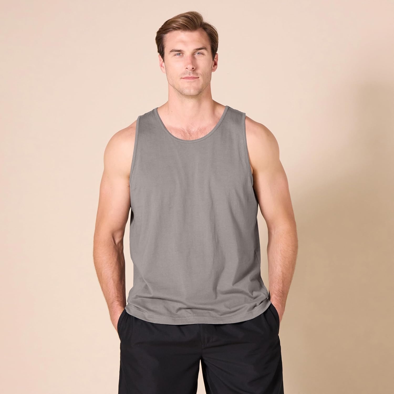image:imageAmazon Essentials Mens Active Quick Dry Tech Stretch Moisture Wicking Lightweight Gym Tank TopGray