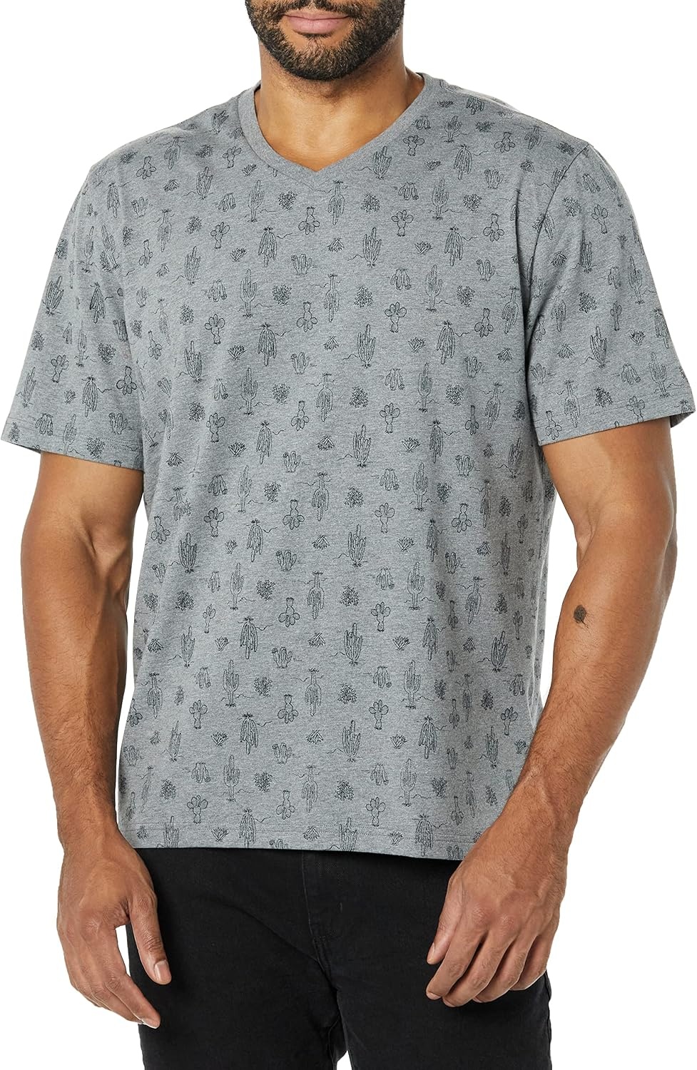 image:imageAmazon Essentials Mens Cotton ShortSleeve VNeck TShirts Pack of 2Heather Grey Cactus Print