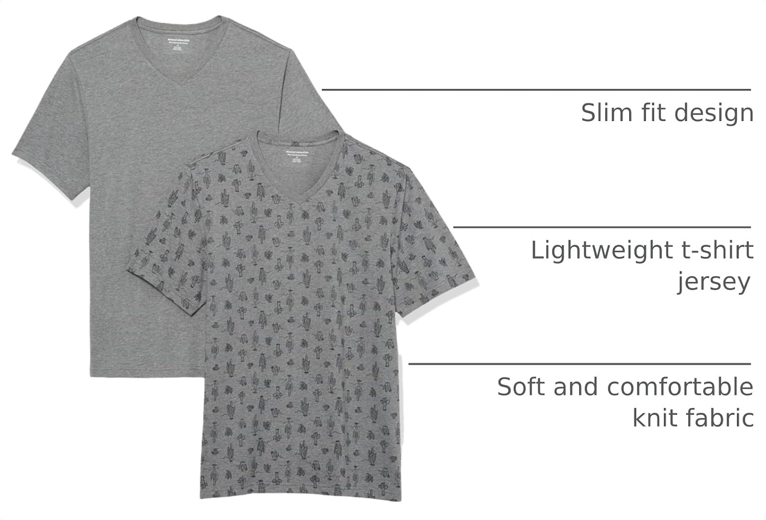 image:imageAmazon Essentials Mens Cotton ShortSleeve VNeck TShirts Pack of 2Heather Grey Cactus Print
