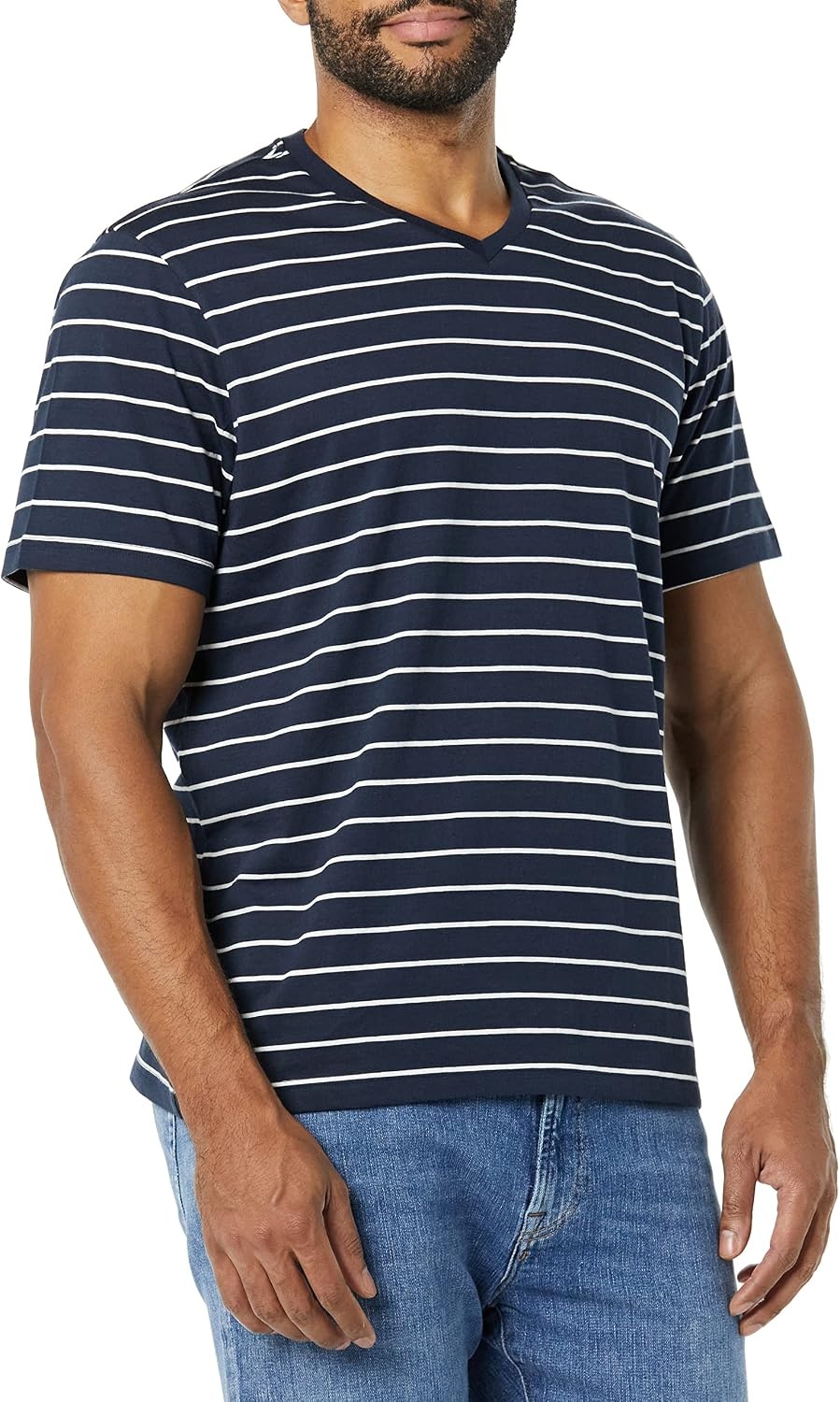 image:imageAmazon Essentials Mens Cotton ShortSleeve VNeck TShirts Pack of 2Heather GreyNavy Stripe