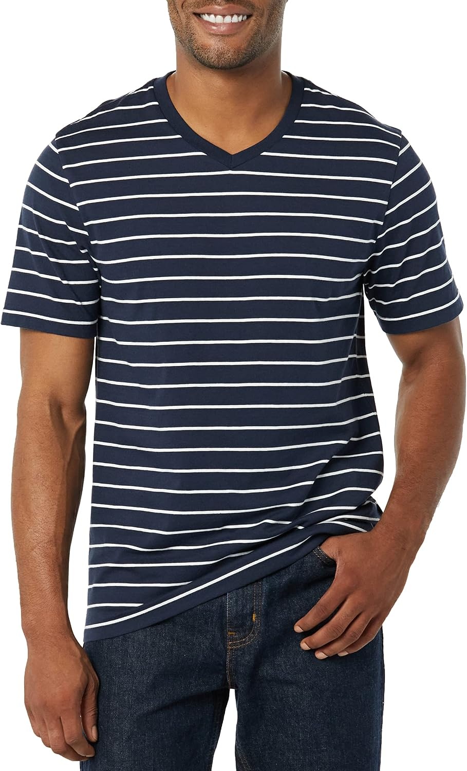 image:imageAmazon Essentials Mens Cotton ShortSleeve VNeck TShirts Pack of 2Heather GreyNavy Stripe
