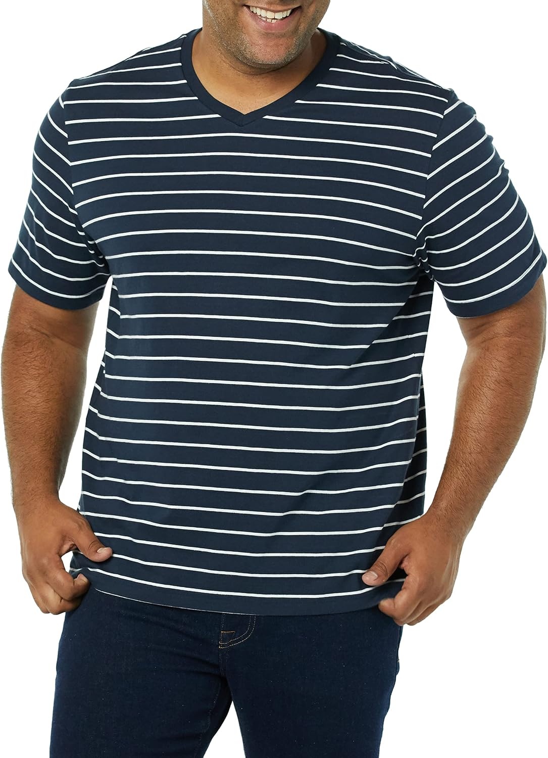 image:imageAmazon Essentials Mens Cotton ShortSleeve VNeck TShirts Pack of 2Heather GreyNavy Stripe
